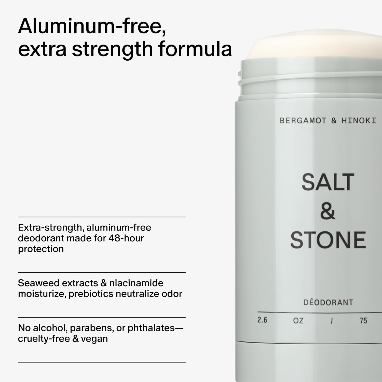 Salt & Stone Aluminum Free Deodorant | Extra Strength 48 Hour Protection for Women & Men | Made with Seaweed Extracts, Niacinamide & Prebiotics | Bergamot & Hinoki