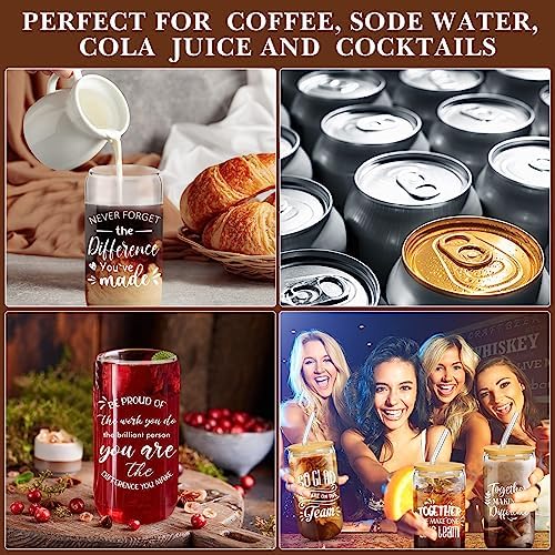 12 Set Employee Appreciation Gifts Christmas Appreciation Cups for Team Thank You Gifts Glass Cups for Staff Coworker 16 oz Can Shaped Beer Glass with Lids Straws Brushes(Mixed Style)