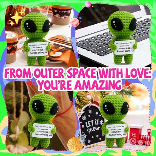 Boss Day Appreciation Gifts - Christmas Stocking Stuffers for Adult - Office White Elephant Exchange, Birthday Gifts for Coworkers, Teachers, Friends, Crochet Alien Plush with Positive Message Card