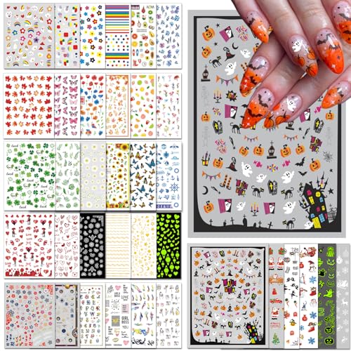 36 Sheets Varied Nail Art Stickers, All Holiday Variety Pack Seasonal Nail Decals, Self-Adhesive Pegatinas Uñas Colorful Design for Flowers Butterflies Luminous Star Halloween Christmas