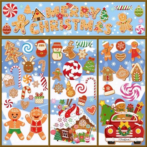 XZENTIRA 288 PCS Gingerbread Window Clings Christmas Party Decorations Gingerbread House Window Stickers for Home Window Glass Display Decorations Winter Window Stickers 9 Sheets