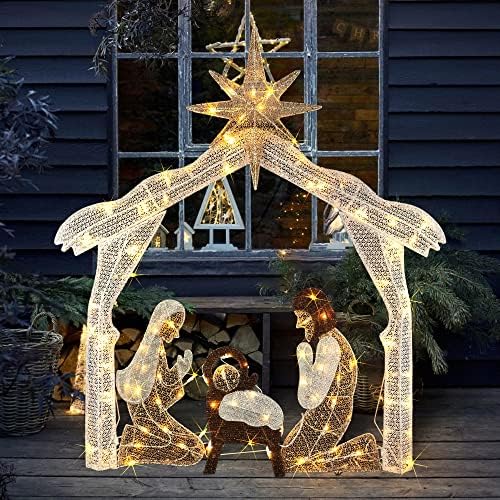 Hourleey 4FT Lighted Christmas Nativity Scene, Christmas Outdoor Decorations with 120 Count Pre-lit Warm White Lights, Holy Family for Xmas Outside Yard Garden Holiday Decor