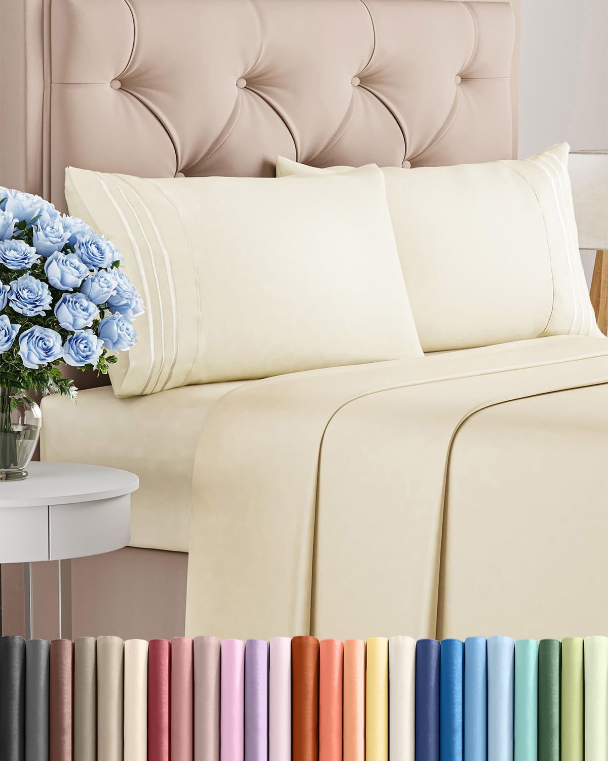 King Size 4 Piece Sheet Set - Comfy Breathable & Cooling Sheets - Hotel Luxury Bed Sheets for Women & Men - Deep Pockets, Easy-Fit, Extra Soft & Wrinkle Free Sheets - Off White Oeko-Tex Bed Sheet Set