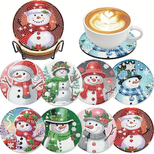 8 PCS Christmas Diamond Art Coasters Kit-Chirstmas Snowman Diamond Painting Coasters Kits with Holder for Beginners,Crafts Kits for DIY Coaster for Adults as Gift Home Decors