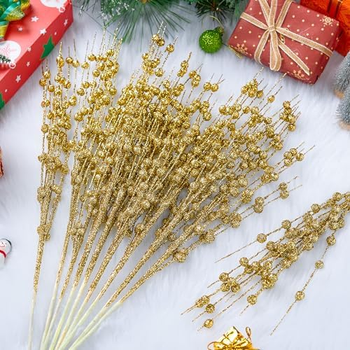 JOIEDOMI 12 Pcs Christmas Gold Glitter Berry Stems, 17'' Christmas Tree DIY Picks Branches, Gold Xmas Wreath Ornaments Glitter Twigs, Artificial Decorative Sticks for Party Home Wedding Holiday Decor