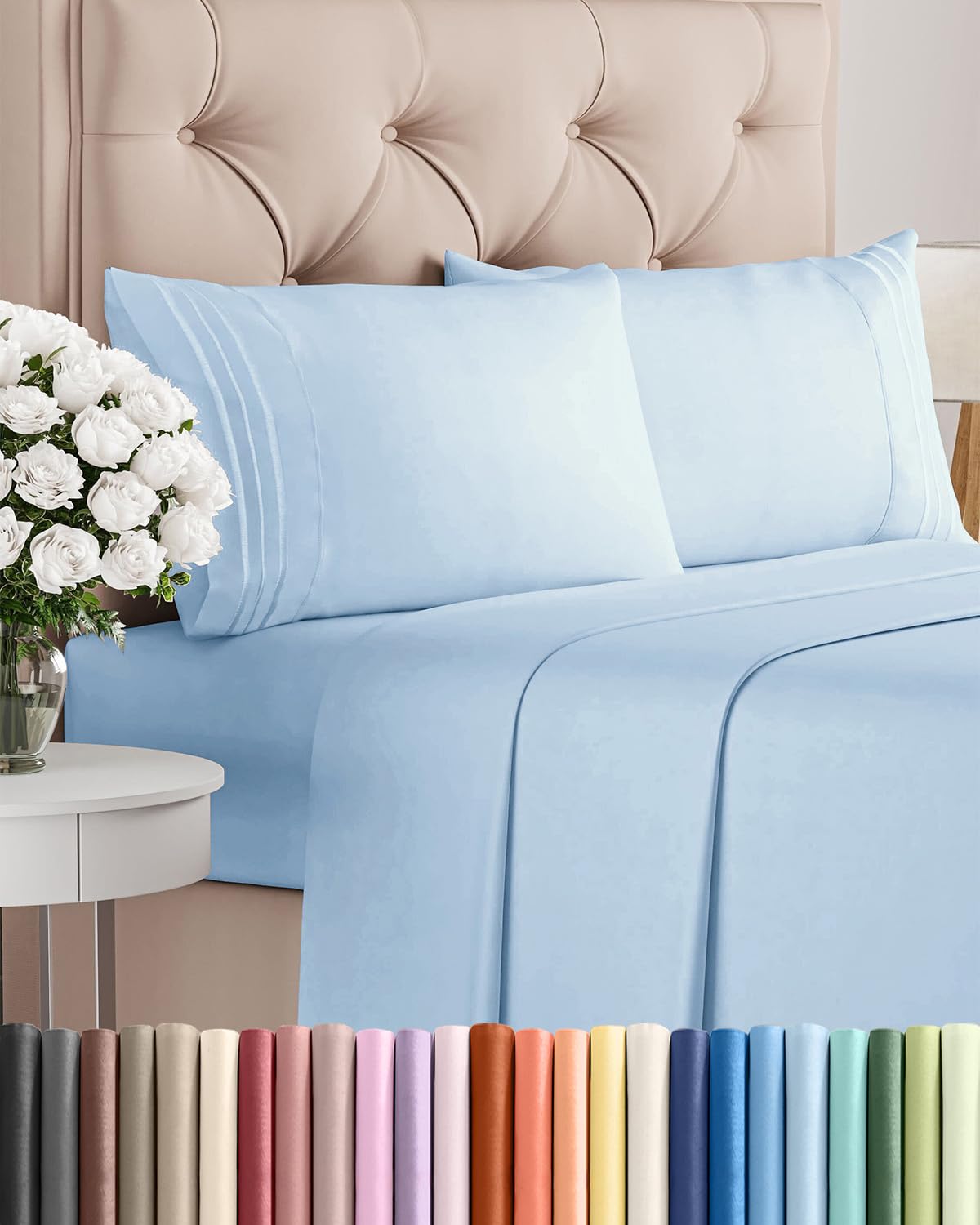 Queen Size 4 Piece Sheet Set - Comfy Breathable & Cooling Sheets - Hotel Luxury Bed Sheets for Women & Men - Deep Pockets, Easy-Fit, Soft and Wrinkle Free Sheets - Light Blue Oeko-Tex Bed Sheet Set