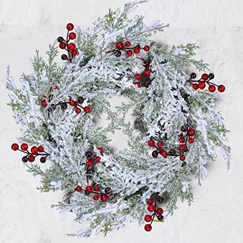Winlyn 6 Pcs Snowy Artificial Cedar Picks with Red Berries Frosted Faux Cedar Sprays Christmas Cedar Greenery Branches Stems for Christmas Tree Wreath Floral Arrangement Vase Winter Holiday Décor