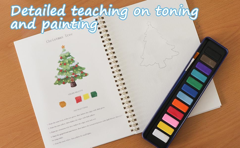 Christmas Water Coloring Book,Beginner-Friendly Watercolor Workbooks, with 12 Colors Watercolor Paint Set with Paint Brush（Christmas）