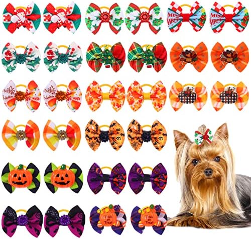 Yerliker 60 Pcs Halloween Thanksgiving Dog Hair Bows with Strong Rubber Bands, Christmas Dog Bows with Rhinestone Pearls, PET Handmade Hair Bowknot Dog Grooming Accessories for Dogs Cats, 30 Pairs