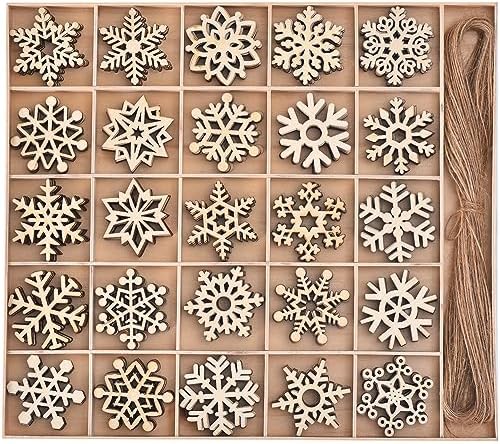 100 PCS Snowflake Ornaments for Christmas Decoration, Wooden Cutouts Ornament for Hanging Embellishments and Craft DIY, Rustic Farmhouse Holiday Decor with Strings (100)