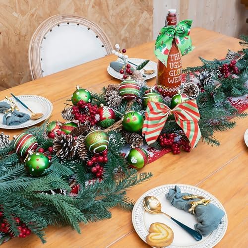 14 Pcs Christmas Ball Ornaments Set, 12 Red and Green Glittering Elf Balls with 2 Bows, 2.4 Inch Shiny Hanging Bulbs for Christmas Tree Decorations, Holiday Party, Table Centerpiece and Home Decor