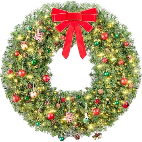 Yaheetech 48in Large Artificial Christmas Wreath, Pre-lit Holiday Accent Decoration with Red Bow, 200 LED Lights & 720 PVC Tips, Metal Structure for Door Wall & Mantel