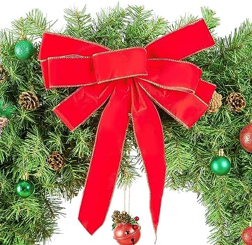 Yaheetech 48in Large Artificial Christmas Wreath, Pre-lit Holiday Accent Decoration with Red Bow, 200 LED Lights & 720 PVC Tips, Metal Structure for Door Wall & Mantel