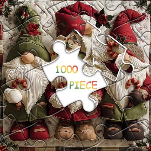 Christmas Gnome Puzzles for Adults 1000 Pieces, Unique Retro Xmas Patchwork Art Challenge Jigsaw Puzzle, Winter Holiday Vintage Christmas Themed, Three Cute Gnomes Quilting Puzzles for Adults