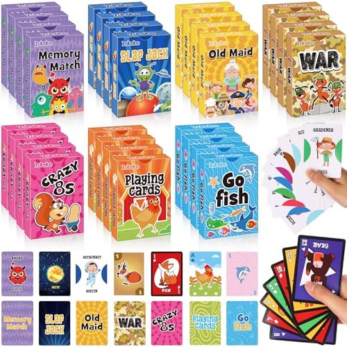Zubebe 28 Pack Kids Card Games Bulk Operation Christmas Classic Playing Card Game Set for Kids Includes Go Fish, Old Maid, Crazy Eights, Memory Match, Slap Jack, Playing Toy for Party Favors (Vivid)