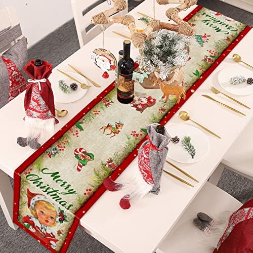 Vintage Christmas Table Runner Xmas Holiday Santa Claus Kitchen Dinner Table Decorations Merry Christmas Table Runner for Indoor Outdoor Home Party Decor 13 x 91 Inch