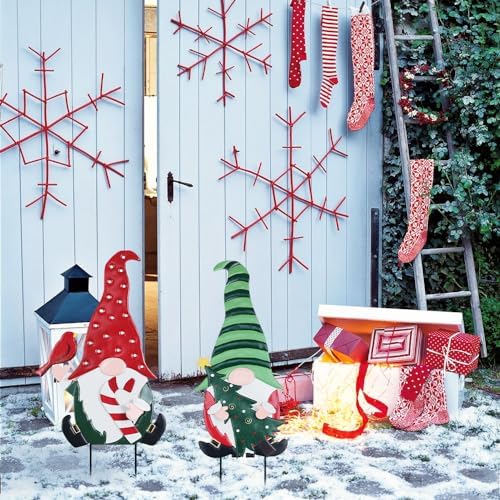 YEAHOME Outdoor Christmas Decorations, 2 Pack Gnomes Decorative Garden Stakes for Christmas Decor, Metal Yard Signs Xmas Decorations for Outside Garden Yard Lawn Porch Holiday Party