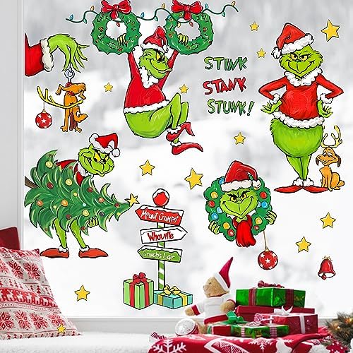 Yovkky Merry Christmas Grinch Window Clings, Xmas Tree Max Dog Wreath Sign 2026 New Year Green Red Stickers Decals Decor, Stink Stank Stunk Funny Winter Holiday Home Kitchen Decorations