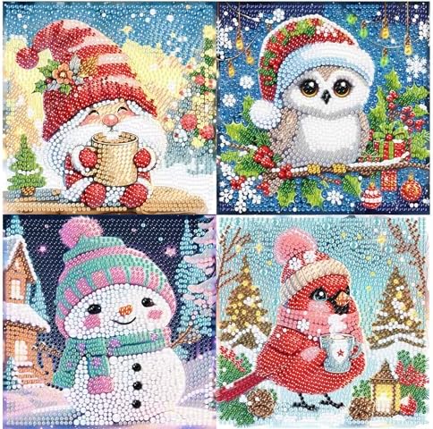 xackcme 4 PCS Diamond Art Painting Kits for Kids, Christmas Diamond Art for Kids Ages 4-8-12, Cardinal Gnome Snowmen Owl Gem Painting Kit Crafts Beginners for Xmas Gift Home Wall Decor (6x6 inch)