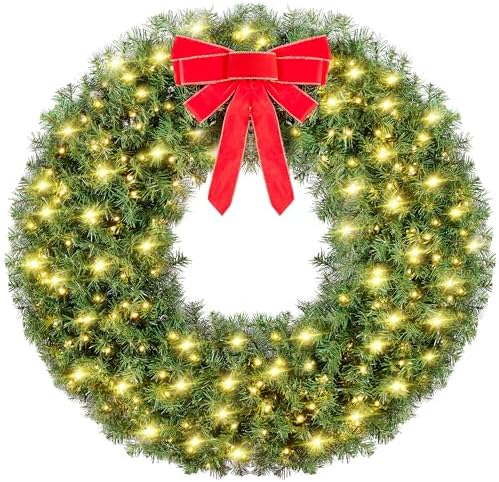 Yaheetech 48in Large Artificial Christmas Wreath, Pre-lit Holiday Accent Decoration with Red Bow, 200 LED Lights & 720 PVC Tips, Metal Structure for Door Wall & Mantel