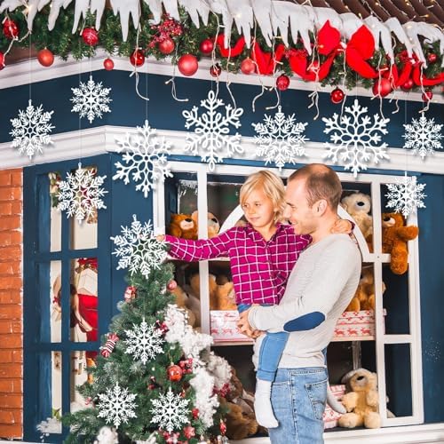 12pcs Large Christmas Hanging Snowflakes Decorations Outdoor - White Big Hanging Snowflake in Different Sizes for Winter Decoration Indoor Outdoor Christmas Tree Holiday Decor