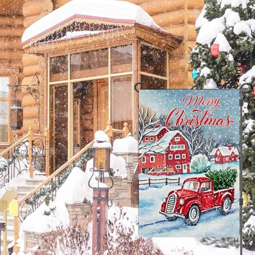 Doncida Merry Christmas Garden Flag 12x18 Double Sided Burlap Red Truck Christmas Tree Rustic Quote House Winter Xmas Yard Flag for Outside Decoration