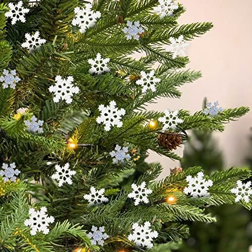 100Pcs Mini Snowflake Ornament Christmas Decorations- Glitter Resin White and Silver Snowflakes Christmas Craft Embellishment for DIY Craft Xmas Tree Winter Party Table Decor (3 Sizes)
