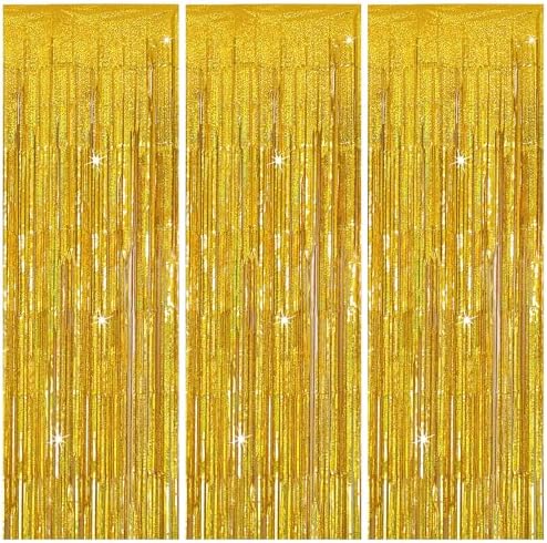 3 Pack Gold Backdrop Birthday Decorations Foil Curtain Backdrop Gold Streamers Dance Party Decorations Photo Booth Props for Bachelorette Decorations Christmas Halloween New Years Eve Party Supplies