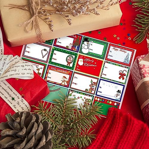 160PCS Christmas Tags Labels, 16 Design Self Adhesive Gift Stickers Name Tags with Santa Snowmen Xmas Tree Reindeer Bells Holiday Decorative Tags for Christmas Presents