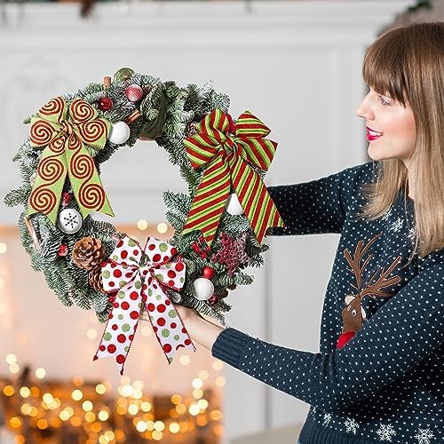 Yinder 3 Rolls Christmas Wired Ribbon Red and Lime Green Christmas Wrapping Ribbon 2.56 in Wide Polka Dot Swirl Fabric Xmas Decorative for DIY Crafts Tree Decorations