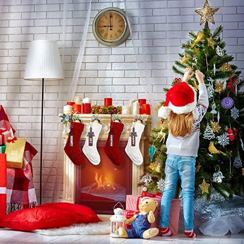 XIMISHOP 4PCS Christmas Stockings, 18inch Large Personalized Cable Knitted Xmas Hanging Stocking Decorations with Name Tags for Holiday Christmas Party Family Decor (Red and White)