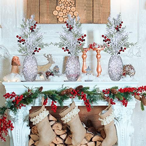 Winlyn 6 Pcs Snowy Artificial Cedar Picks with Red Berries Frosted Faux Cedar Sprays Christmas Cedar Greenery Branches Stems for Christmas Tree Wreath Floral Arrangement Vase Winter Holiday Décor