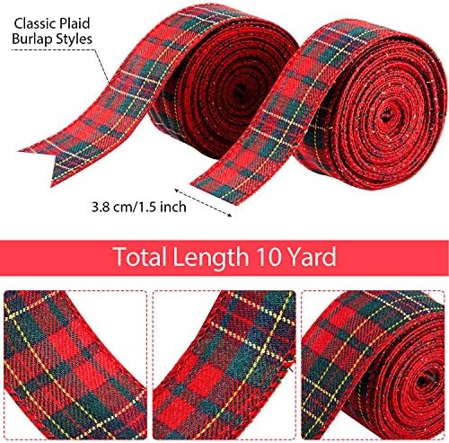2 Rolls 20 Yards Christmas Plaid Burlap Ribbon Wired Edge Gingham Wrapping Ribbon Red and Green Plaid Ribbon for Xmas Tree Decoration DIY Floral Bows Craft Making, 1.5 Inch