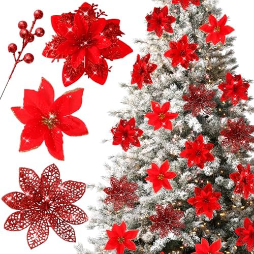 Floweroyal 30pcs Poinsettia Artificial Christmas Flowers Decorations with Clips and Berry Stems Glitter Ornaments for Christmas Tree Wreath Fireplace Stairs Decor (Red-3 Styles)