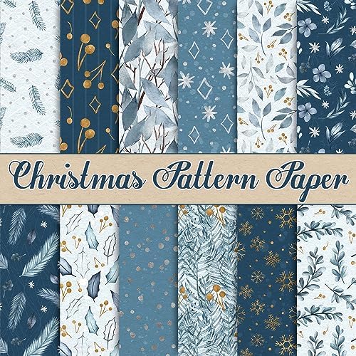 Whaline 24 Pack Christmas Pattern Paper 30x30cm Watercolor Winter Scrapbook Paper Double-Sided White Blue Snowflake Craft Paper Folded Flat for DIY Card Making Scrapbook Photo Album Decor, 12 Designs