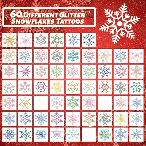 winthrop 120 Pcs Glitter Snowflake Temporary Tattoos for Kids, Individually Wrapped Waterproof Safety Christmas Winter Frozen Party Tattoos, Best Choice for Stocking Stuffers, 60 Designs