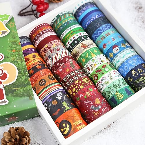 60 Rolls Holiday Washi Tape Set,4 Sizes Decorative Masking Tape Christmas Thanksgiving Fall Halloween Winter Washi Tape for Journaling Supplies Scrapbook Journal Bullet