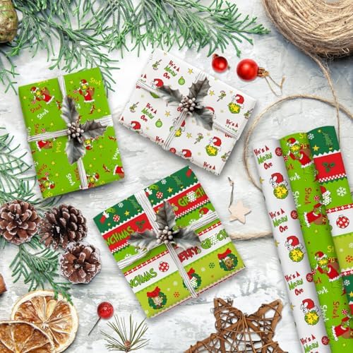 Funny Christmas Wrapping Paper Roll, 3 Rolls Holiday Gift Wrap Papers, Cartoon Green Red Xmas Wrapping Papers Party Supplies, Christmas Paper for DIY Birthday New Year Gift Packing Decor, 17x120 Inch