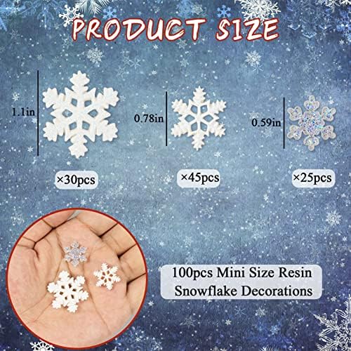 100Pcs Mini Snowflake Ornament Christmas Decorations- Glitter Resin White and Silver Snowflakes Christmas Craft Embellishment for DIY Craft Xmas Tree Winter Party Table Decor (3 Sizes)