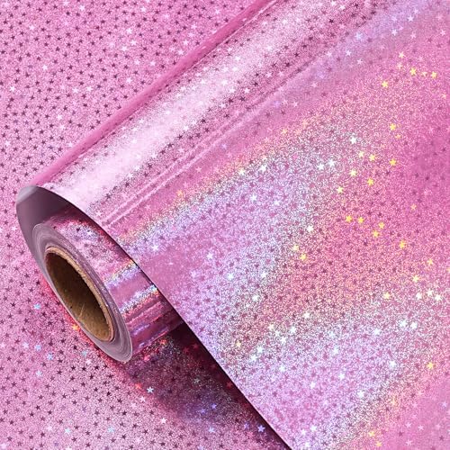 WRAPAHOLIC Pink Wrapping Paper Roll - Mini Roll - 17 Inch x 16.5 Feet - Metallic Holographic Star Wrapping Paper for Birthday, Wedding, Baby Shower, Bridal Shower, Christmas