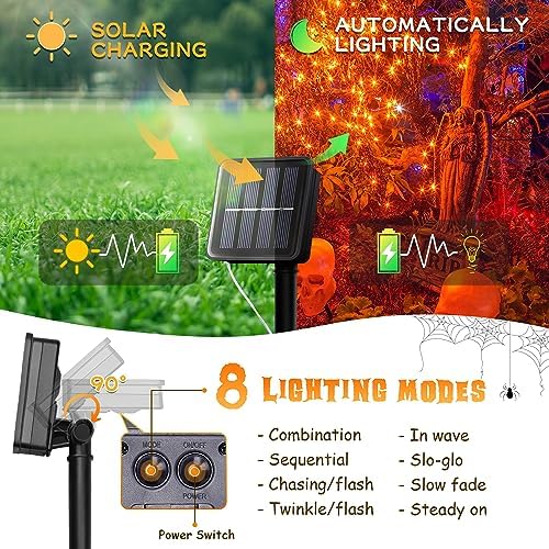 Ｗoohaha Solar Halloween Lights Outdoor,2 Pack Each 33Ft 100LED Orange Halloween Lights,Copper Wire Solar Powered Fairy String Lights 8 Modes for Garden,Tree,Thanksgiving,Christmas,Parties,Home Decor