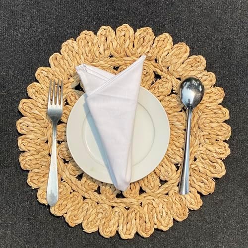 13.8" Round Corn Husk Placemats | Boho Woven Rattan Table Mats | Natural Spring Farmhouse Plate Chargers | Handmade Rustic Wicker Place Mats for Christmas Wedding (Set of 6)