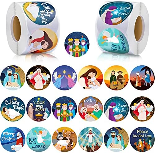 800 Pcs Christmas Religious Stickers Christmas Nativity Stickers Jesus Sticker Christian Christmas Faith Roll Sticker Labels for Xmas Cards Envelopes Candy Favor Craft,16 Designs (Cartoon Style)