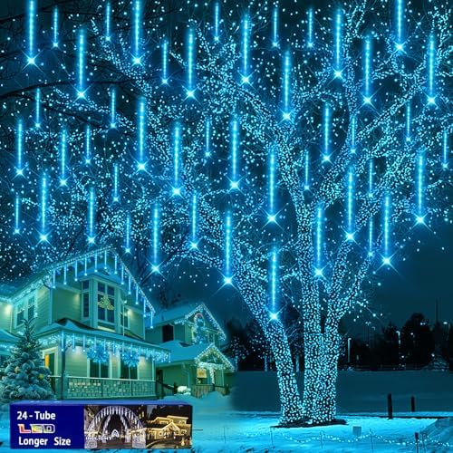 Outdoor Christmas Decorations, 24Tubes Meteor Shower Lights (Equal to 3 Sets of 8-Tubes) Ice Blue LED Icicle Christmas Lights for Halloween Xmas Decorations Tree Party Yard Outdoor