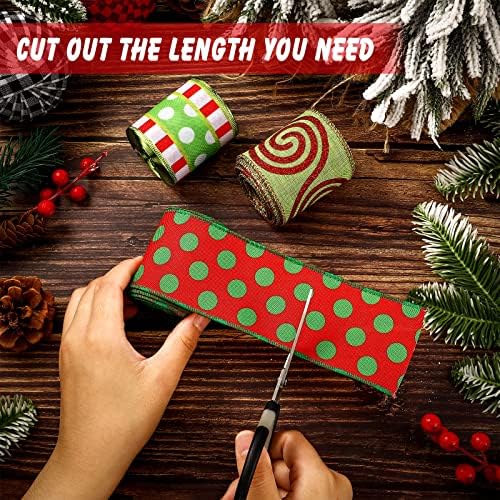Yinder 3 Rolls Christmas Wired Ribbon Red and Lime Green Christmas Wrapping Ribbon 2.56 in Wide Polka Dot Swirl Fabric Xmas Decorative for DIY Crafts Tree Decorations