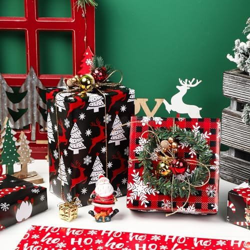 WRAPAHOLIC Christmas Wrapping Paper Sheet - 12 Sheets Red and Black Chrismas Gnome Design Folded Flat with 12 Gift Tags for Holiday, Party Celebration - 19.7 Inch X 27.5 Inch Per Sheet