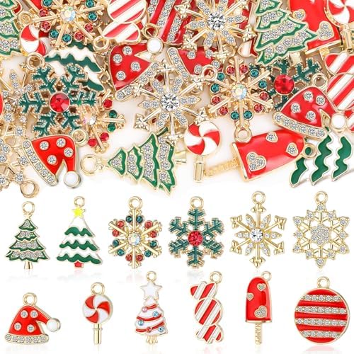 Landical Christmas Charms for Jewelry Making Assorted Gold Enamel Snowflake Christmas Tree Candy Jewelry Pendants for Xmas Bracelet Necklace Earring Craft Making Supplies