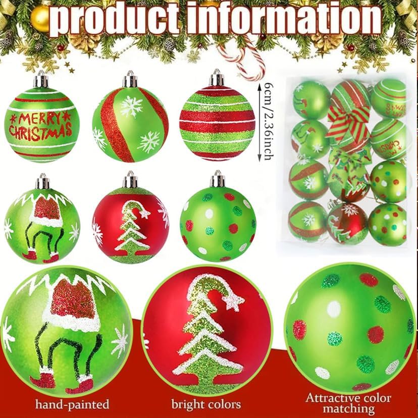 14 Pcs Christmas Ball Ornaments Set, 12 Red and Green Glittering Elf Balls with 2 Bows, 2.4 Inch Shiny Hanging Bulbs for Christmas Tree Decorations, Holiday Party, Table Centerpiece and Home Decor