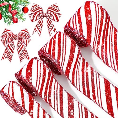 Ysleen 4 Rolls 24 Yards Christmas Candy Cane Wired Ribbons 1.0 Inch 1.5 Inch 2.0 Inch 2.5 Inch Glitter Red and White Striped Ribbon for Christmas Tree Home Decorations Gift Wrapping Ribbons