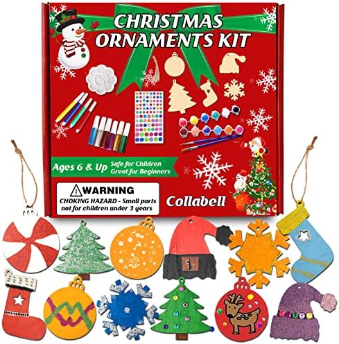 Collabell Christmas Wooden Painting Craft Kit, Paint Your Own Xmas Ornaments, Unfinished Wood Slices Christmas Crafts for Kids Adults, Art and Craft Supplies for Christmas Tree Hanging Decorations
